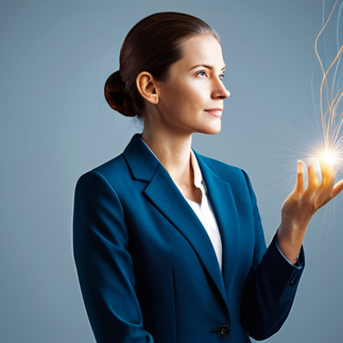 Home 4 A professional woman, fully clothed in a modest business suit, stands confidently in a dynamic, digitally enhanced environment. Abstract light trails and interconnected nodes subtly illustrate concepts of neuroplasticity and continuous learning, symbolizing the brain's ability to adapt and grow. Her pose is natural, conveying thoughtful determination and an embracing of innovation. Perfect anatomy, correct proportions, well-formed hands, proper finger count, natural body proportions. Professional photography, high quality, soft studio lighting, safe for work, appropriate content, fully clothed, professional dress, family-friendly.