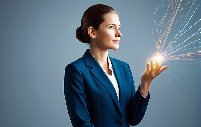 A professional woman, fully clothed in a modest business suit, stands confidently in a dynamic, digitally enhanced environment. Abstract light trails and interconnected nodes subtly illustrate concepts of neuroplasticity and continuous learning, symbolizing the brain's ability to adapt and grow. Her pose is natural, conveying thoughtful determination and an embracing of innovation. Perfect anatomy, correct proportions, well-formed hands, proper finger count, natural body proportions. Professional photography, high quality, soft studio lighting, safe for work, appropriate content, fully clothed, professional dress, family-friendly.