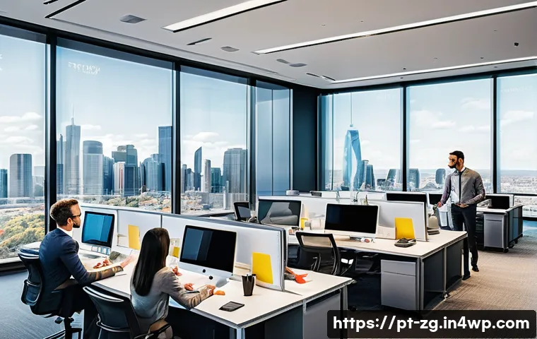 비즈니스 변화에 대한 민첩성 강화 방안 - A modern corporate office scene featuring a diverse team of professionals engaged in a dynamic agile...