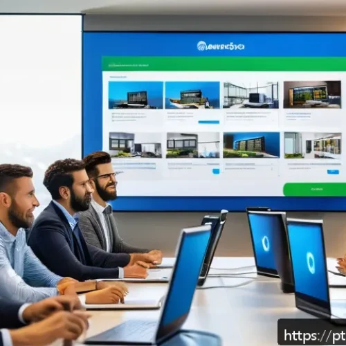 Home 32 조직 변화에 대한 직원 교육 필요성 - A modern corporate training room filled with diverse professionals actively engaged in a blended lea...