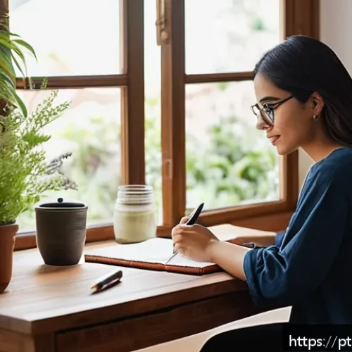 Home 31 변화 적응력 향상을 위한 워크숍 아이디어 - A calm and serene home office scene featuring a young adult woman of Latin American descent, sitting...