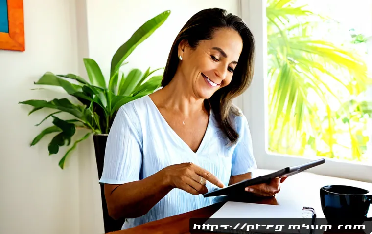 Home 17 변화에 대한 긍정적 태도 형성하기 - Photorealistic middle-aged Brazilian woman in a bright home office, calmly smiling as she learns to ...
